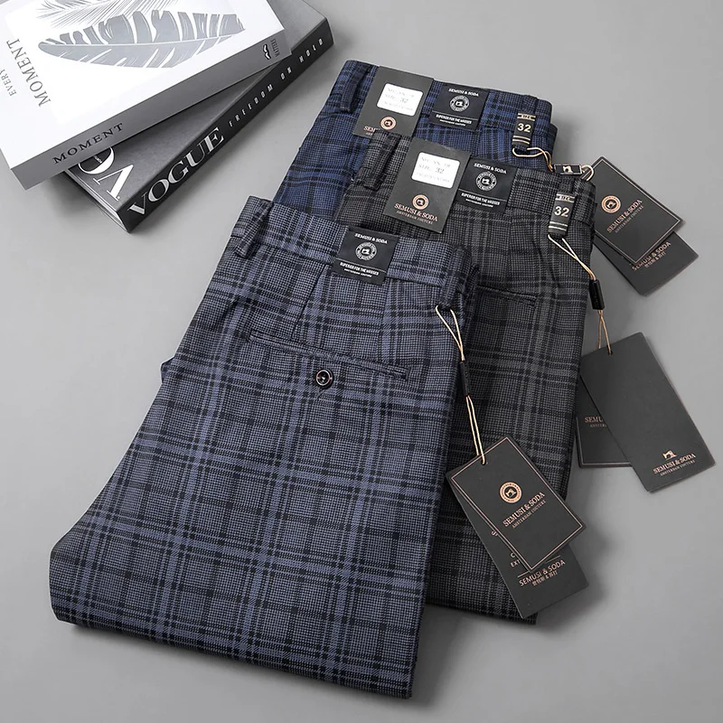 Autumn Plaid Casual Pants For Men Clothing Korea Straight Fit Formal Mens Suit Trousers Business 2023 Vintage