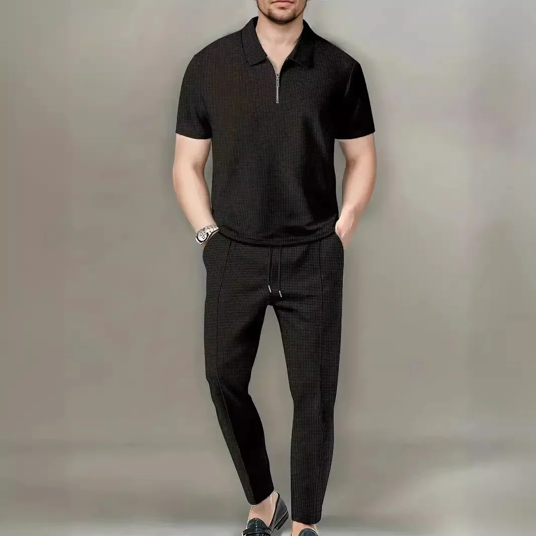 2024 Spring/Summer New Men\'s Set European-style Plus-size Men\'s Clothing Solid Color Lapel T-shirt And Pants Two-piece Set