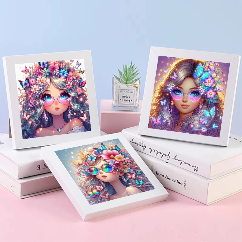 Cute Cartoon Girl Diamond Painting 5D DIY Mosaic Kits Glowing Colorful Sunglasses Butterflies Full Drill Embroidery Cross Stitch