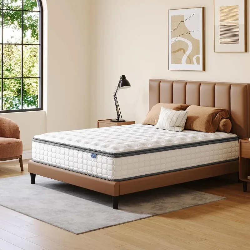 Vesgantti Mattresses Hybrid Pillow Top Mattress in a Box Memory Foam and Pocket Coil Innerspring Mattresses Cooling Silent Sleep