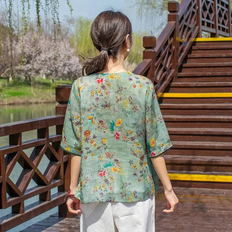 Camisa com gola em v floral vintage feminina, estilo chinês, hanfu feminino moderno, moda nacional, tops soltos, terno tang, blusa de verão