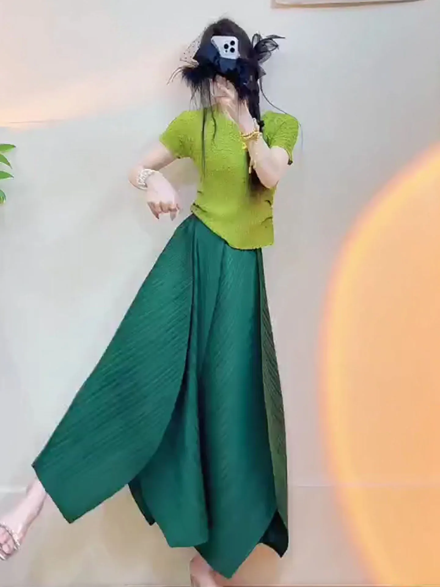 

Chic Green Slim Fit Top And Skirt Set with Bloom Embellishment And Pleats by Sanza Art Creation Summer Fashion Women's Ensemble