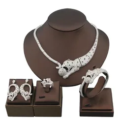 Fashion Jewelry Sets Men Women Lady Plated Gold Color Full Cubic Zircon Green Eyes Leopard Ring Earrings Bracelet Necklace