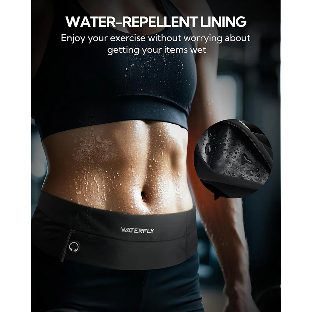 WATERFLY Running Belt Fanny Pack: Slim Waist Bag for Men Women, Workout Fitness Phone Holder for Exercise Marathon Jogging-Black