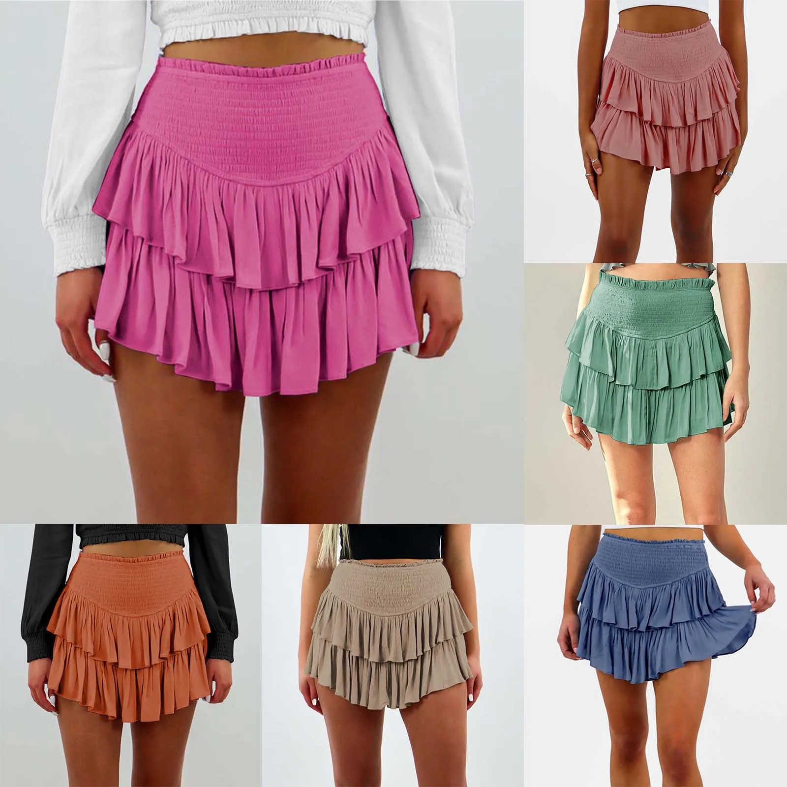 Women Summer White Ruffle Tiered Mini Skirt Beach Cute Fashion Elastic Waist Rose Red Faldas Mujer Black A Line Short Skirt