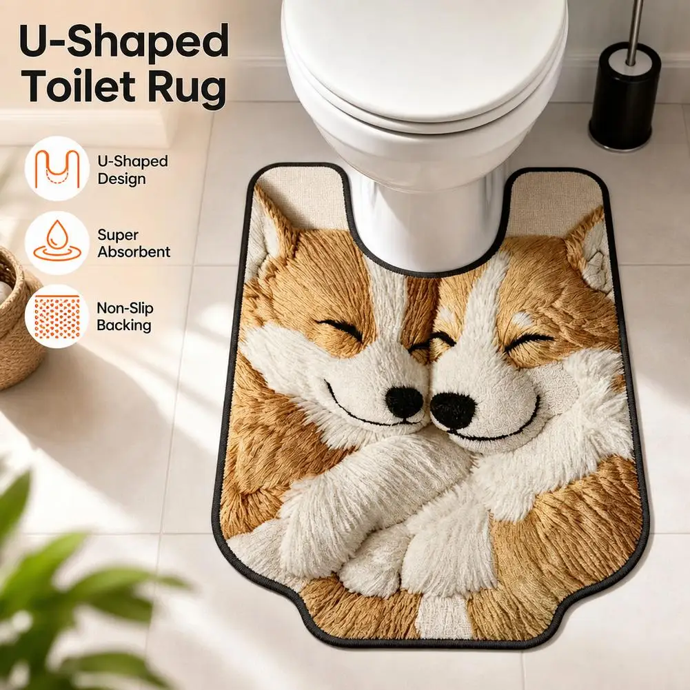 U Shaped Toilet Rug Corgi Diatomaceous Earth Super Absorbent Quick Dry Non Slip Bathroom Contour Floor Mat Washable Shower Pad