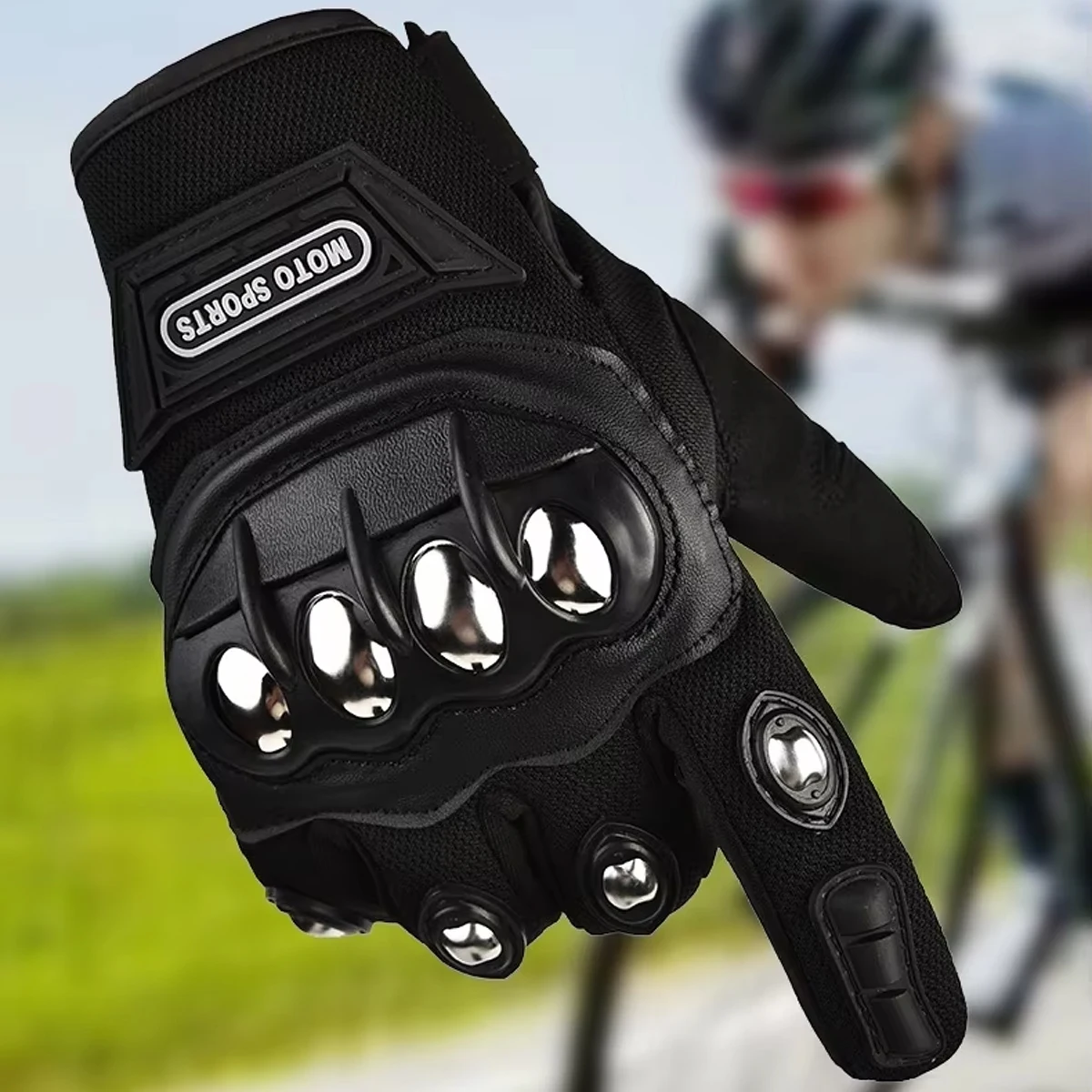 Double Heavy-Duty Black Steel Finger Motorcycle Gloves - Half-Finger Rugged Off-Road Style with Adjustable Wrist Strap, Reinforc