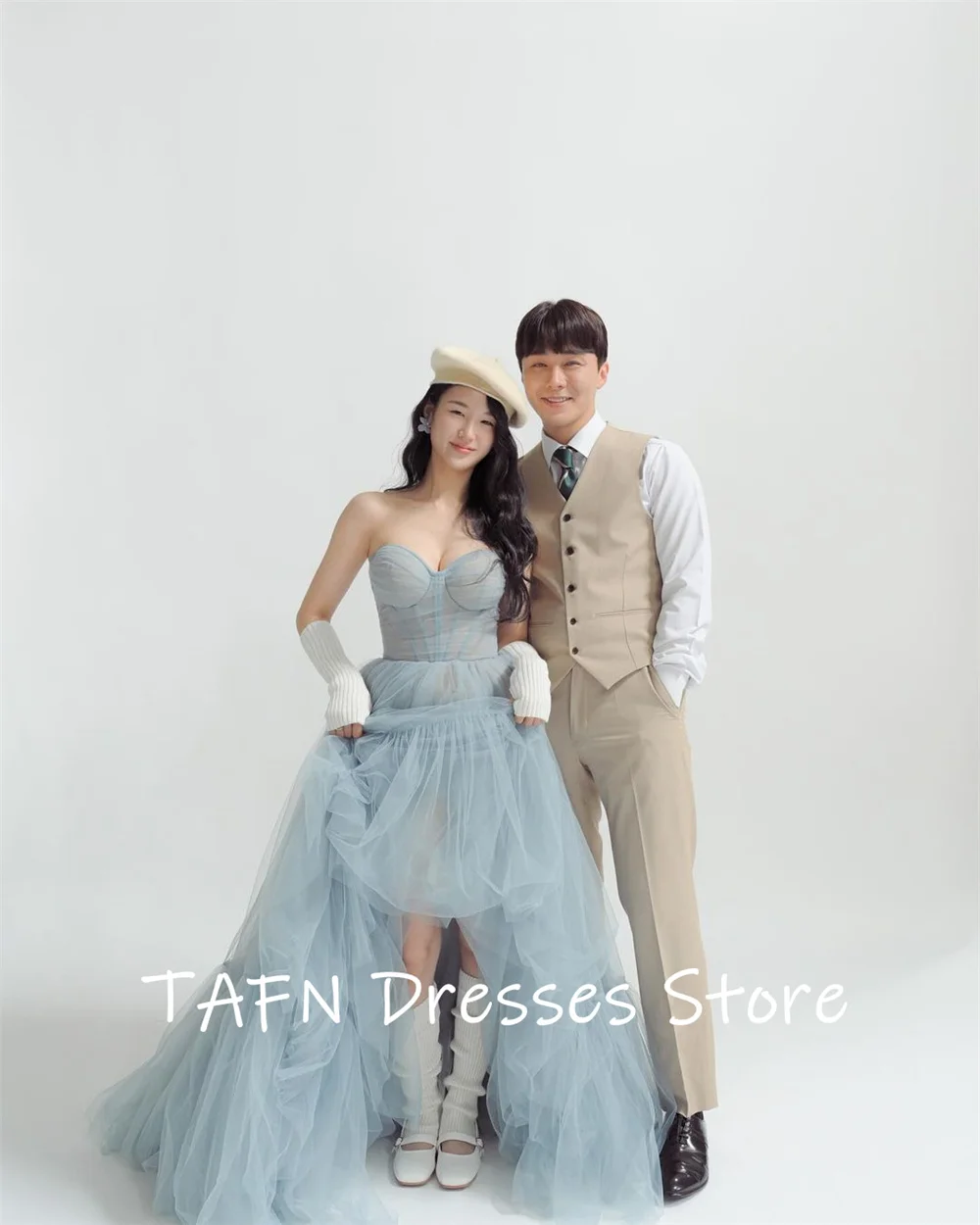 TAFN Sky Blue Sweetheart Wedding Dressses A-line Strapless Elegant Sleeveless Bridal Gown Korea Photo Shoot Dresses 웨딩드레스