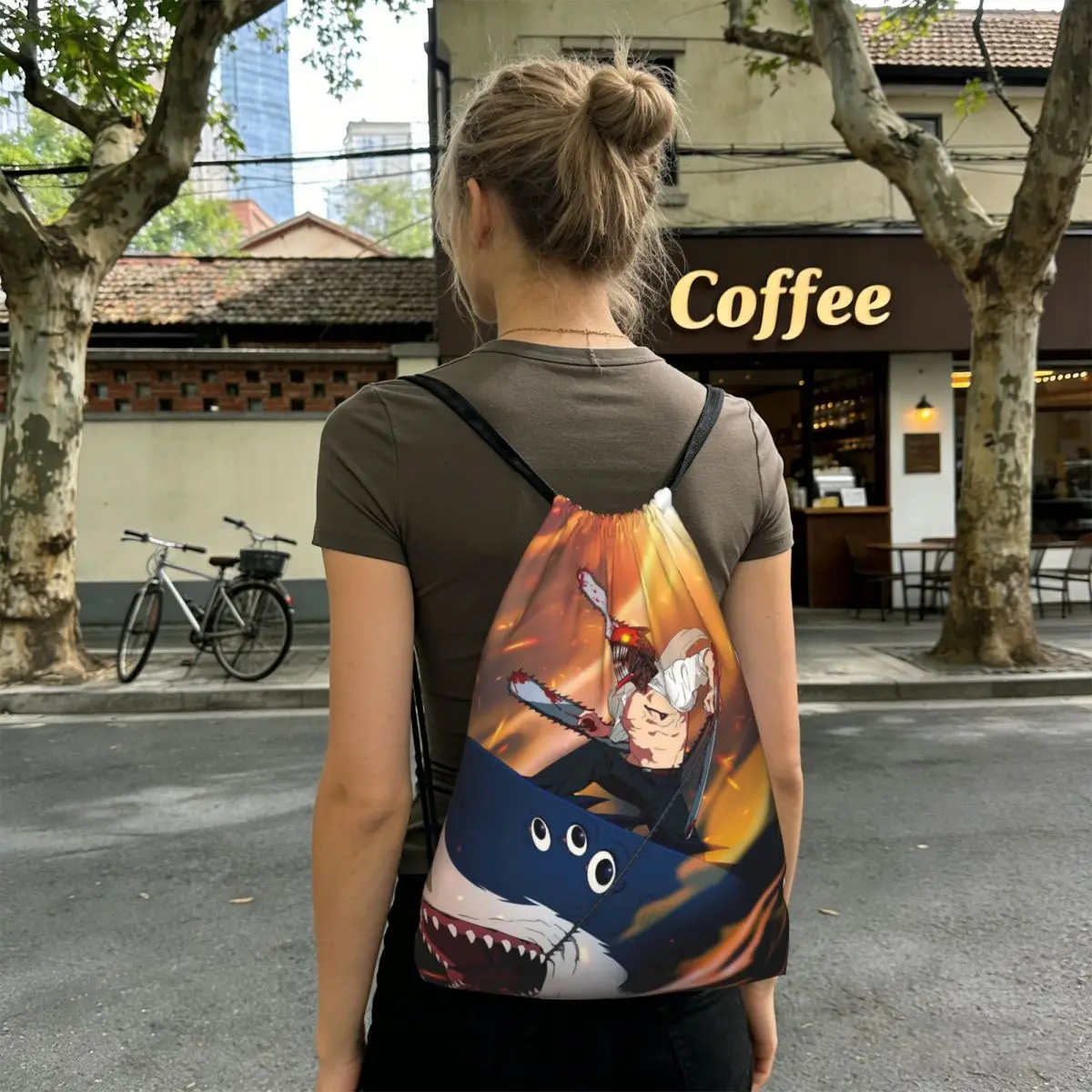 Shark And Denji Chainsaw Man Anime Backpacks Portable Drawstring Bags Sports Bag Book Bags for Travel Students