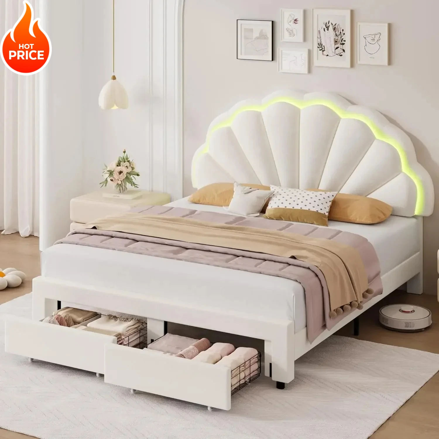 Marco de cama LED inteligente tapizado Queen con 2 cajones de almacenamiento y cabecero de doble pétalo elegante ajustable