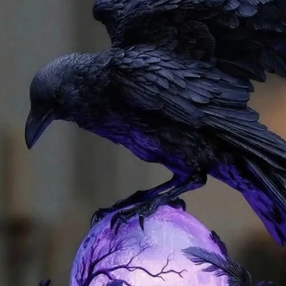 Creative Gothic Raven LED Lamp Sculpture Purple Glow Sphere Mysterious Decor for Dark Art Unique Desk Night Light Ornaments