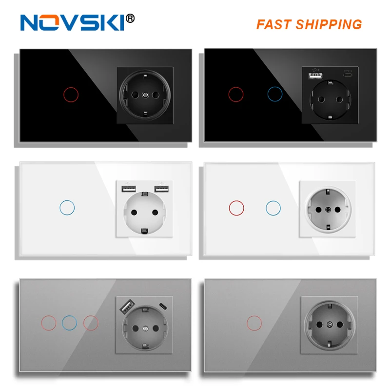 

Сенсорный переключатель с розеткой и USB-панель из хрустального стекла 153*82 мм, 220 В, 16 А, настенная розетка с выключателем света, 1/2/3Gang, 1Way