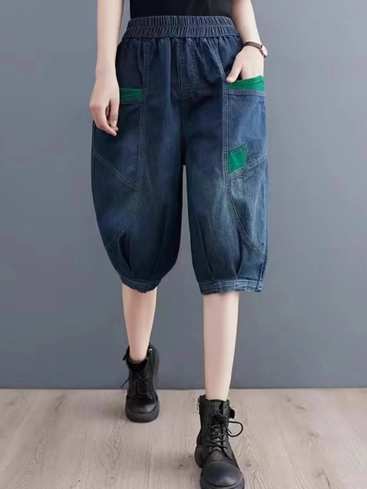 여름 빈티지 웨이드 데님 5부 바지 여성용 루즈 슬림 하란 캐주얼 얇은 하이웨이스트 6피트 청바지 랜턴 팬츠