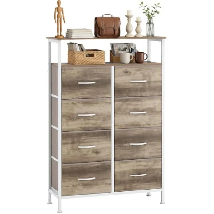 

8 Drawers Dresser with Open Shelf 46" Tall Storage Organizer Chest of Drawer with Wooden Top Sturdy Metal Frame for Bedroom Hal