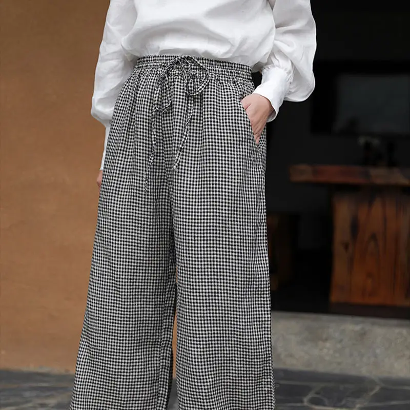 Spring Summer Elastic Waist Wide Leg Trousers Women High Street Cotton Hemp Drawstring Pockets Patchwork Plaid Printing Pants