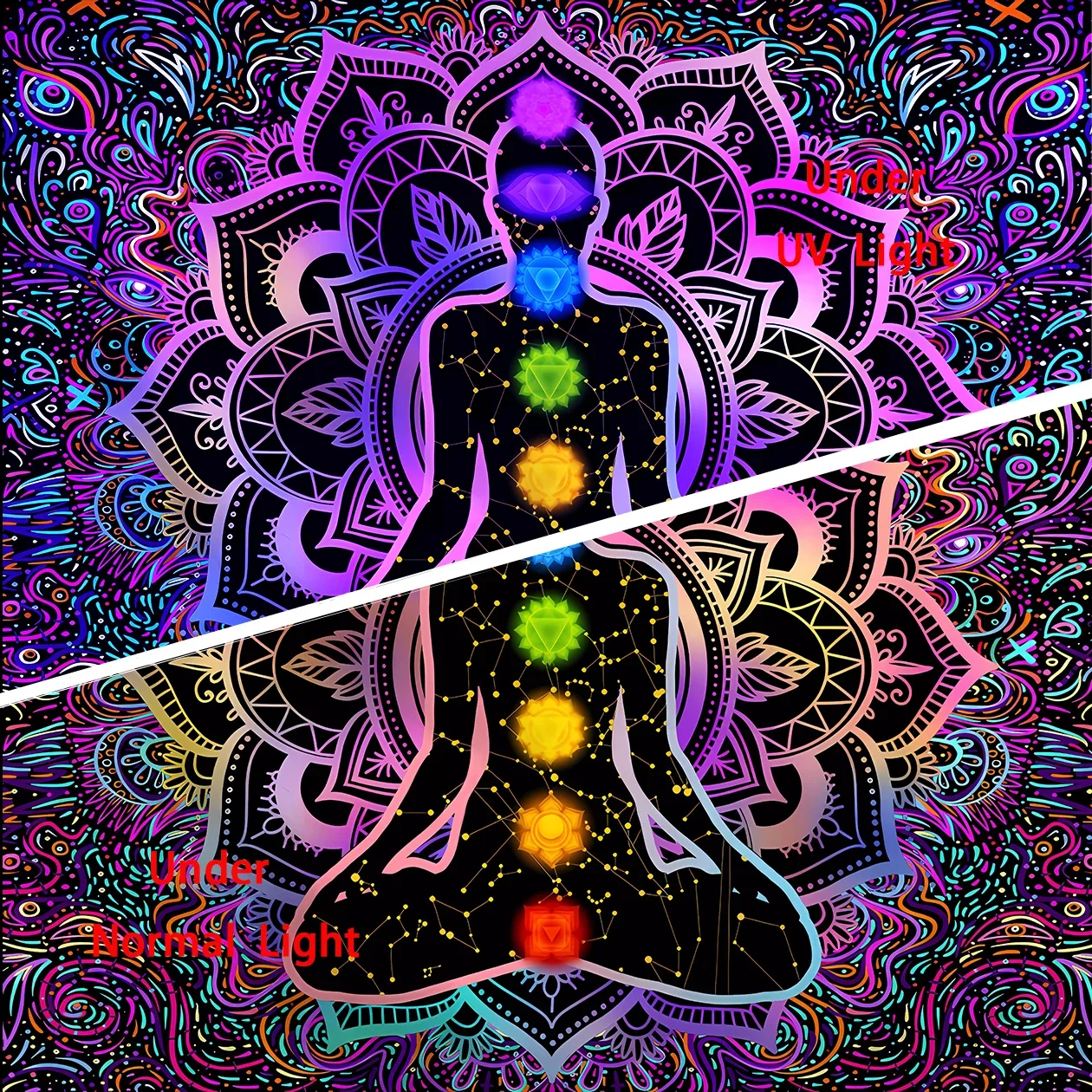 Boho Indian Buddha Yoga Mandala Uv Reactive Tapestry, Wall Hanging For Living Room Bedroom Office, Home Decor Room Decor