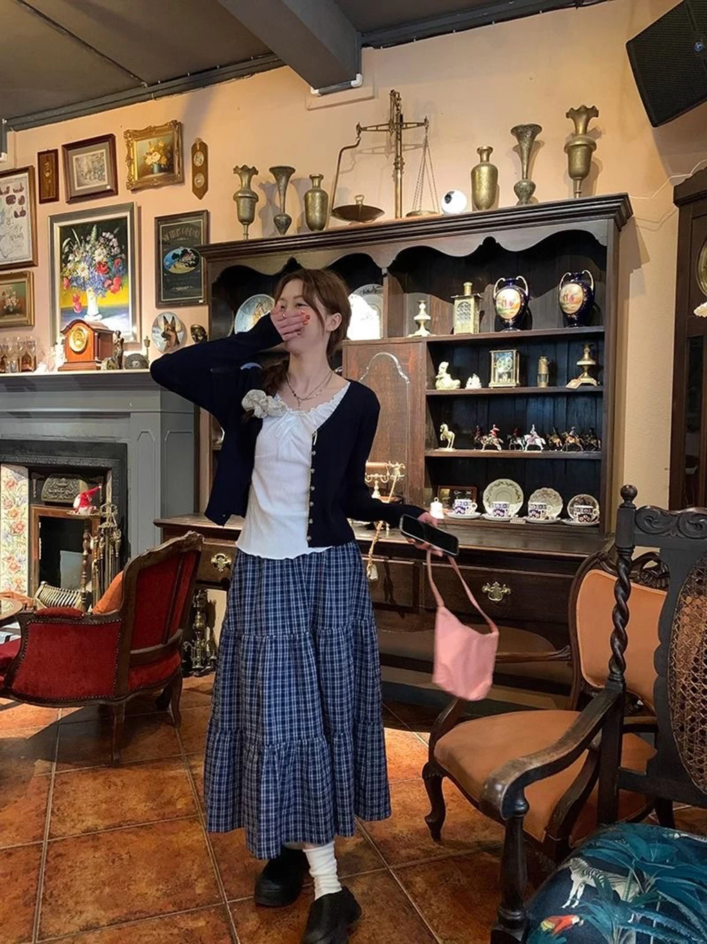 تنورة ريترو متعددة الطبقات ذات مربعات باللونين الأزرق والأبيض، طراز بناتي فرنسي، تنورة عالية الخصر وتنحيف على شكل حرف A، لو نسائي #6