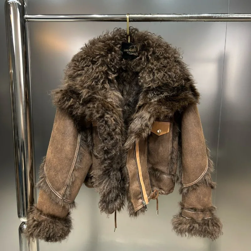 Winter Faux Lambskin Lapel Long-sleeved Inner Liner Thickened Fur One-piece Cotton-padded Jacket Street Fashion Warm Women Coat