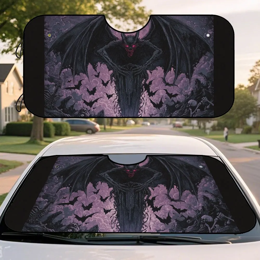 

1pc Gothic Bat Coffin Pixel Dark Print Car Windshield Sun Shade - Foldable UV Protection Car Cover With Black & Purple Design, K