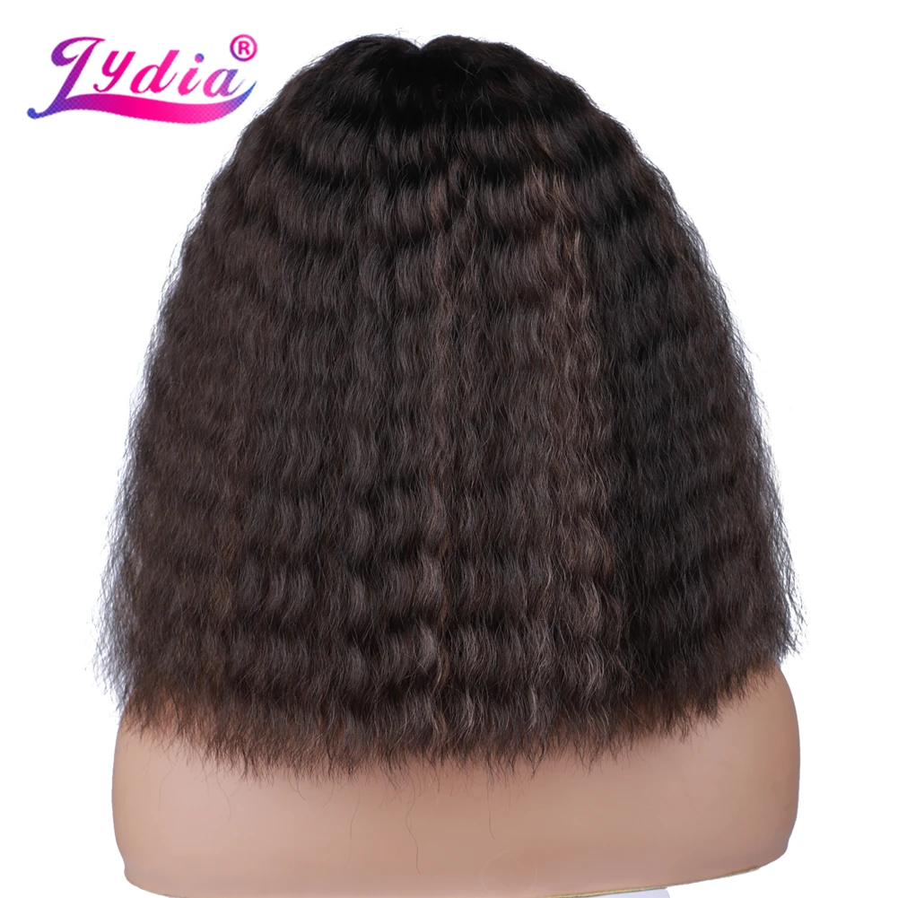 Lydia Middle Synthetic 16 Inch Wigs Kinky Curly Neat Bang Heat Resistant African American With Skin Topper Water Wavy Full Daily