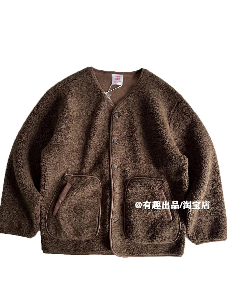 Jaket Bulu Domba Imitasi Berat Gaya Retro Jepang Tanpa Kerah Berlapis Tebal Tahan Angin dan Hangat Pakaian Luar Oversized Trendi