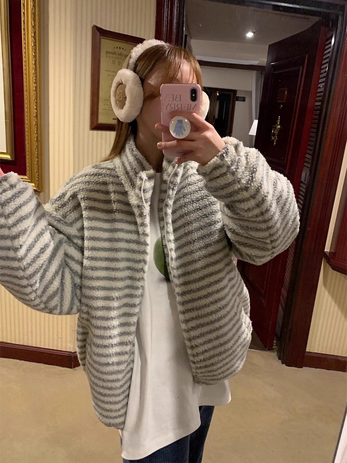 Senhoras thiened fce listra algodão jaet casaco de pele de cordeiro primavera outono inverno novo sle vintage quente commute sle ort casaco