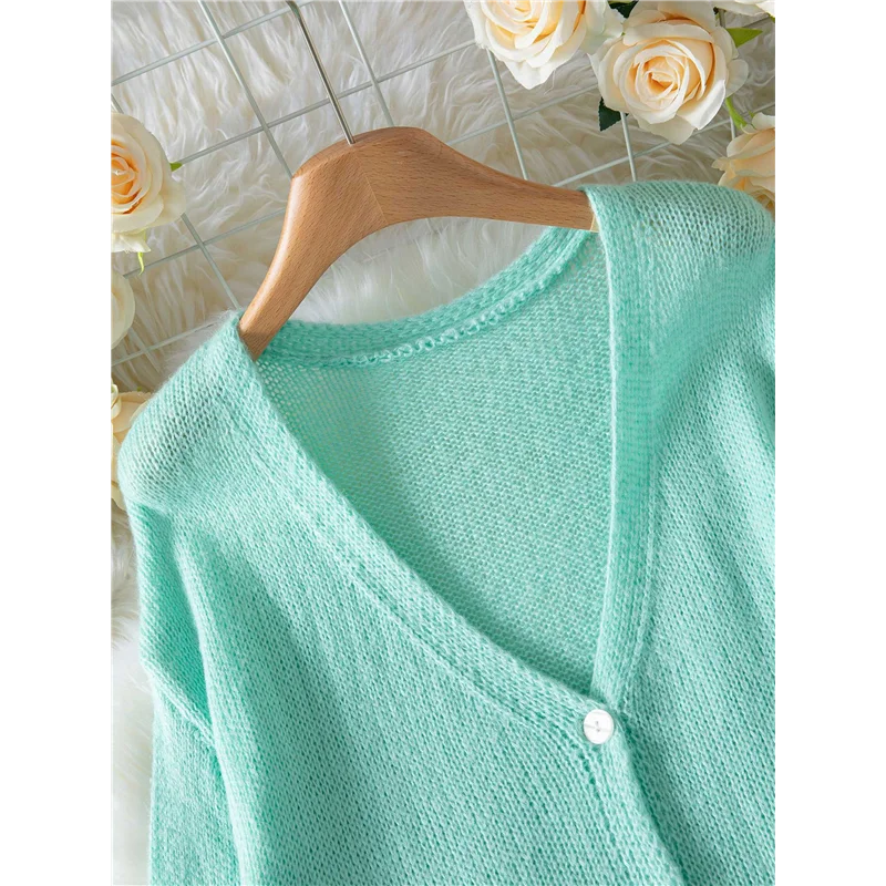 ABXF-Damen Casual V-Ausschnitt Langarm Strickjacke Herbst und Winter einfarbig Knopf Strickpullover Jacke