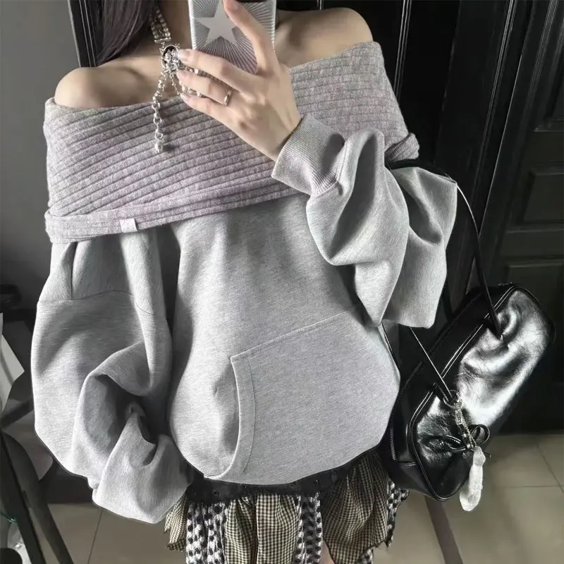 Korean Off Shoulder Loose Sweatshirts Female Clothing Stylish Knitted Hooded Autumn Casual Patchwork Solid Color Basic Hoodies