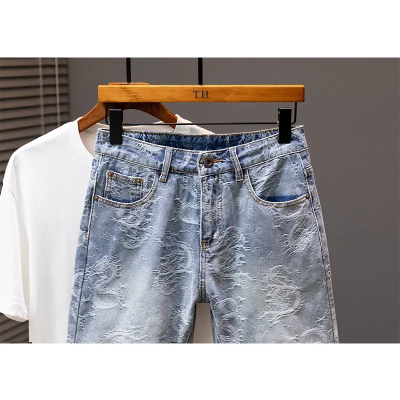 2024 Summer New Personality Dragon Print Stylish Straight Blue Denim Shorts Male Street Style Men\'s Straight Denim Shorts