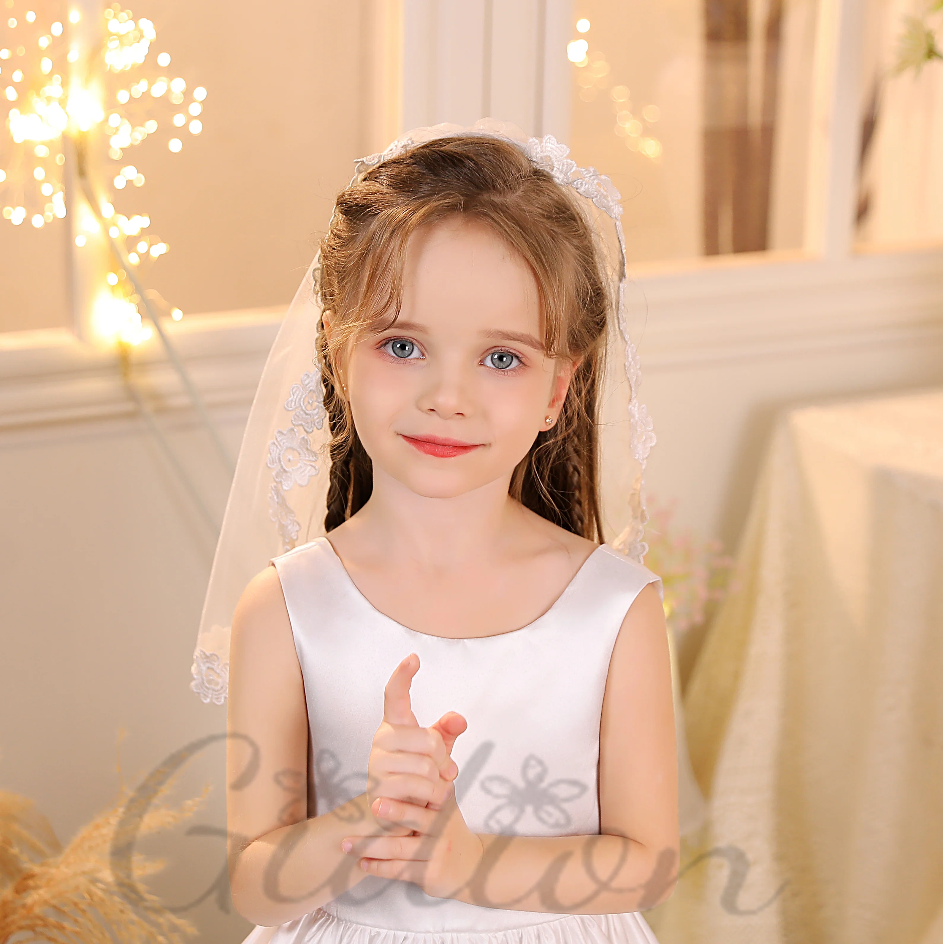 Véu nupcial de casamento com pente, Gidion Applique, Tulle de uma camada, Cerimônia de casamento, Flower Girl fotografia, dama de honra júnior