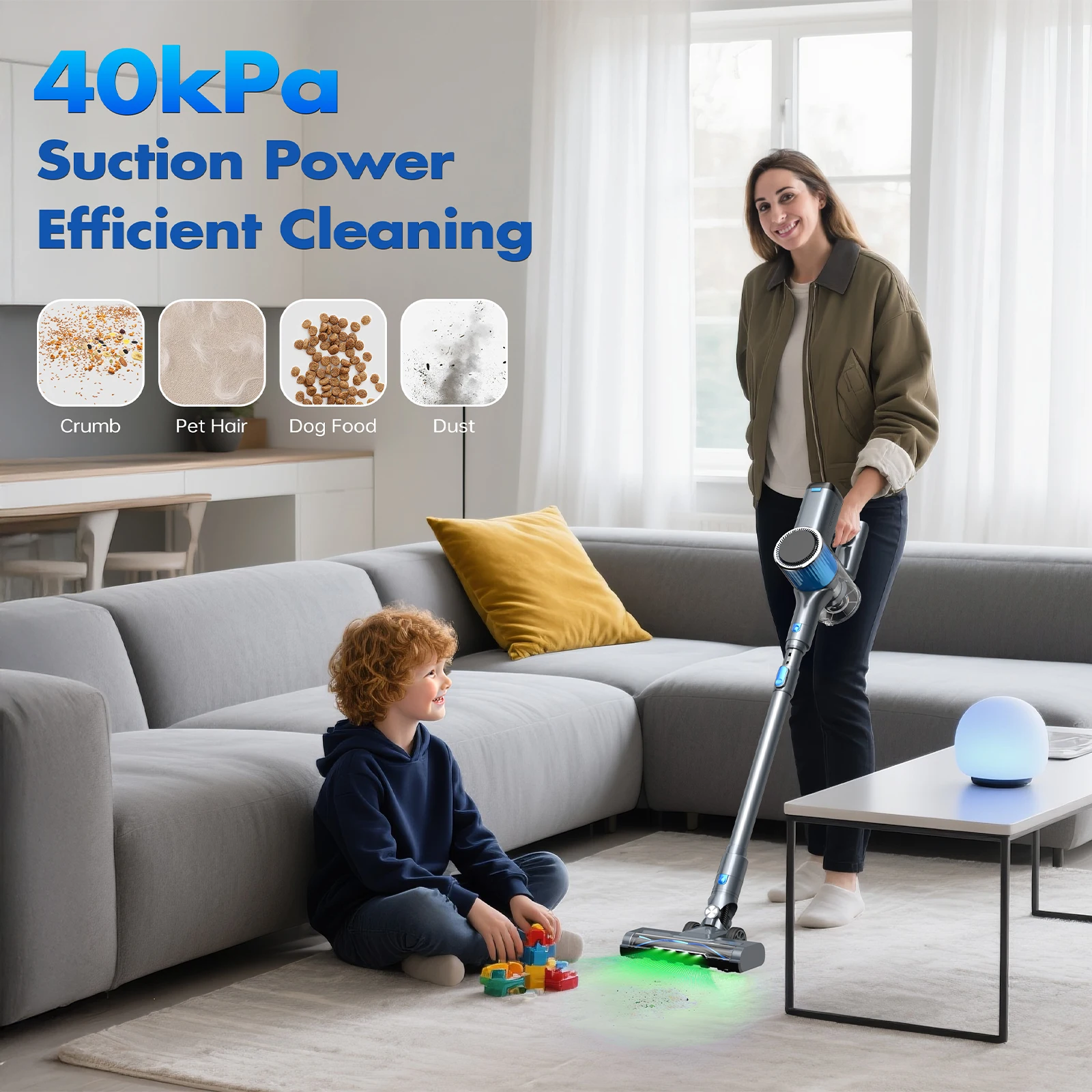 UL/CE/CB/ROHS No Hair Tangles Cordless 40-Minute Stick Vacuum Cleaner with Detachable 0.9L Dust Cup Upright for Carpet Cleaning