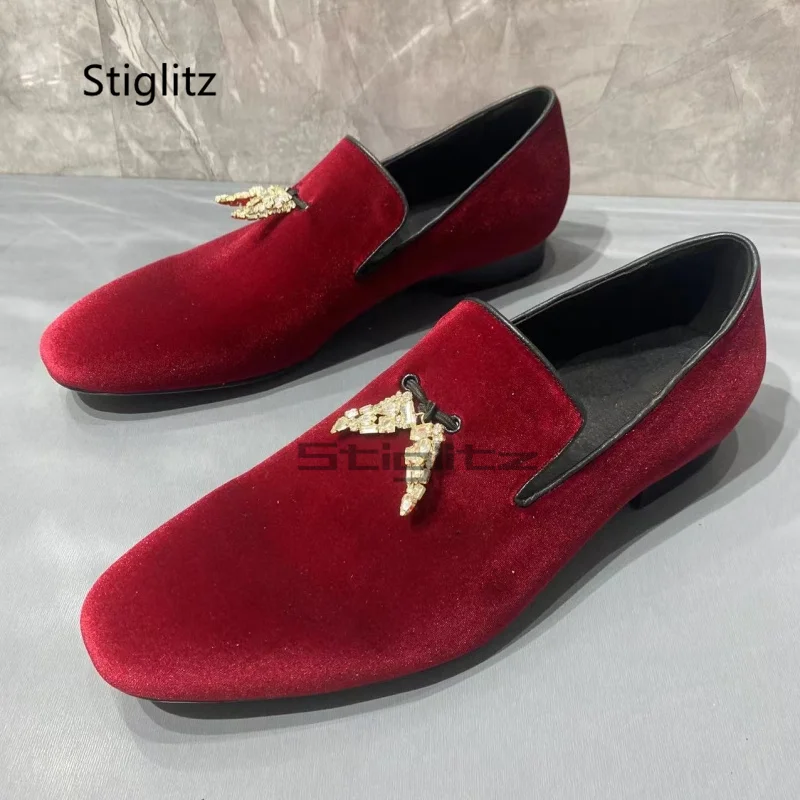 

Red Velvet Loafers Men Rhinestone Tassel Casual Shoes Round Toe Slip On Flats Wedding Shoes Luxury Handmade Groom Shoes for Men