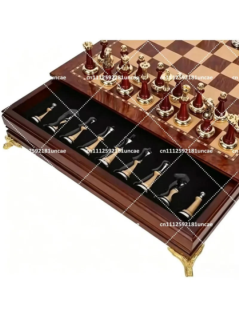 Solid Wood Drawer Chess Set with Metal Inlaid Pieces, Tabletop Decor for Adults