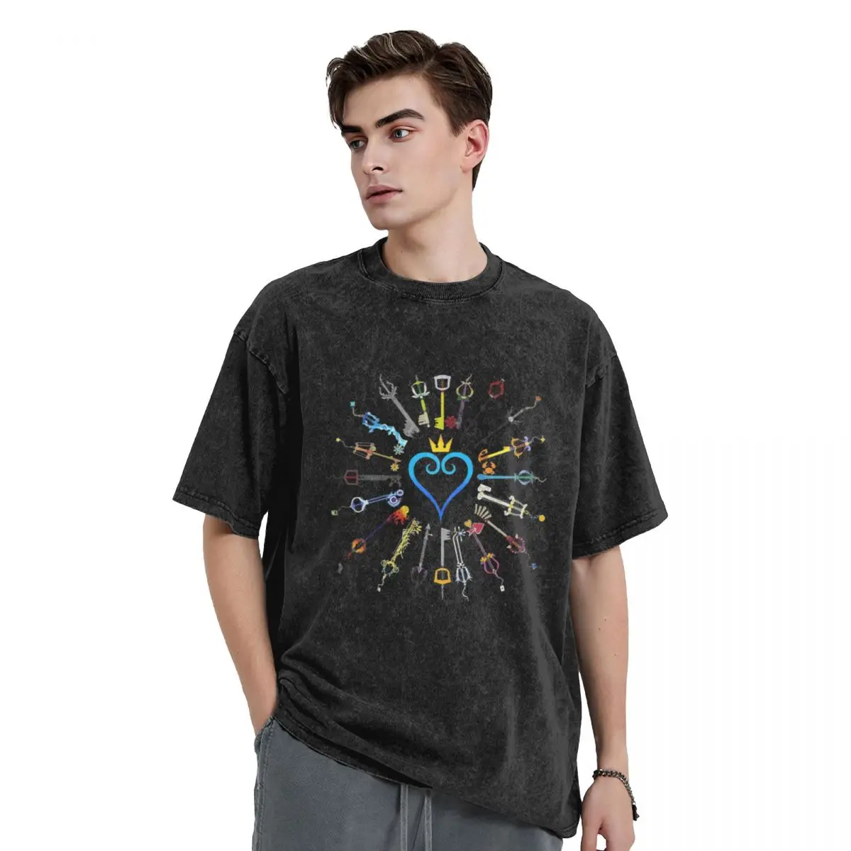 Kingdom Hearts Keyblades Retro Washed T Shirt Men's Oversized Tees Tops