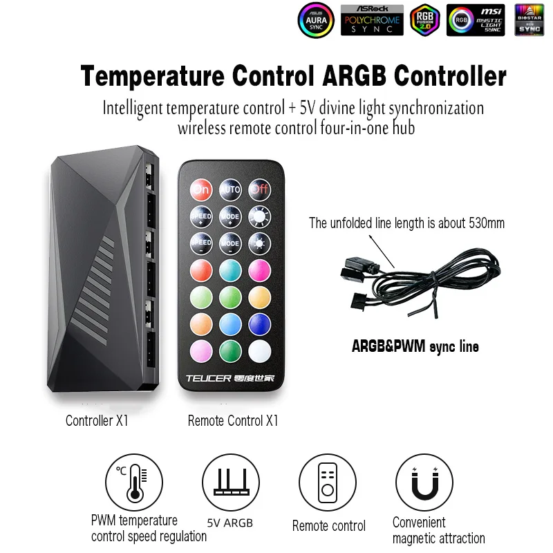 TEUCER LP-6P ARGB PWM HUB 3 IN 1 Controller 6 Way Splitter 4Pin PWM PC Case Cooling Fan HUB Light Controller/HUB