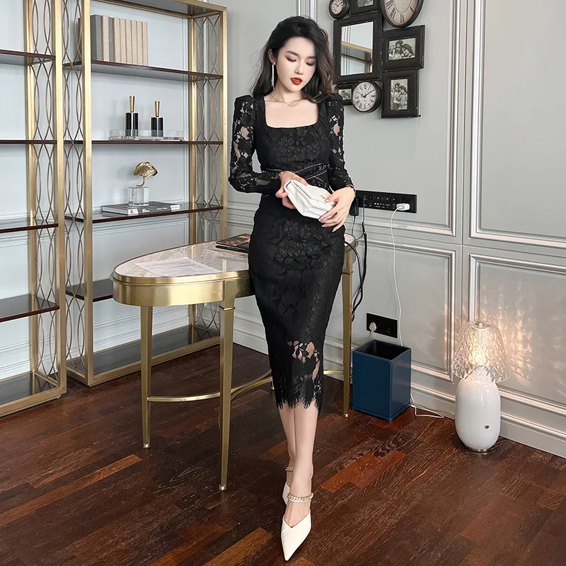 

Coigarsam Women's Fashion Dresses New Office Lady Lace Print Square Collar Black Coffee Dress