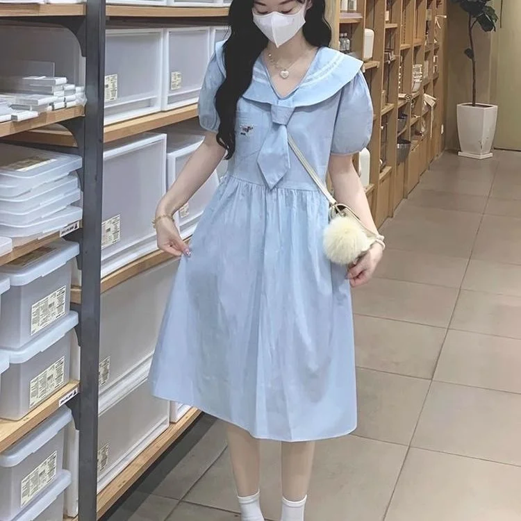 plus Size Navy Collar Dr Women Summer 300 Pou Waist Cinching Slimming Gentle First Love Long Dr Commute Sle High W...