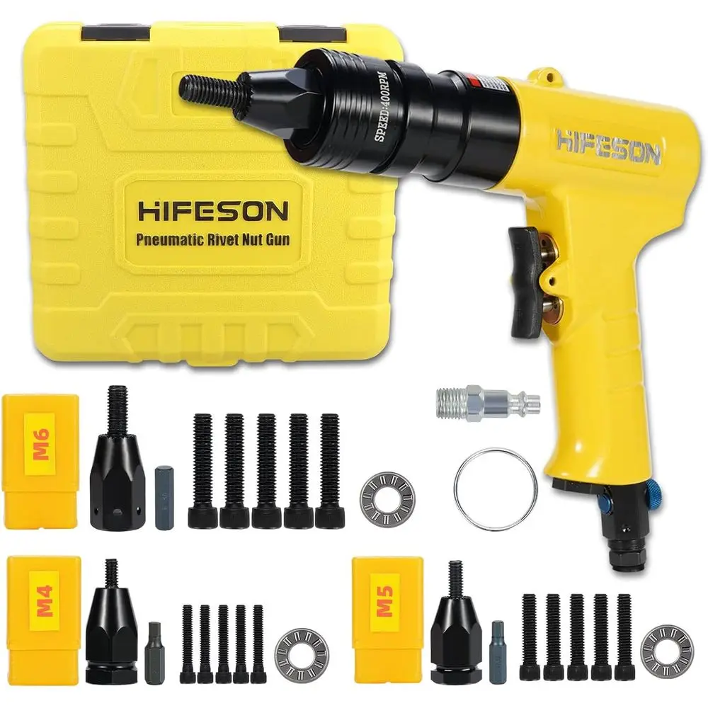 Pneumatic Rivet Nut Gun (M4 & M5 & M6) Air Rivet Nut Pull Setter Tool with 3 Size Quick-Change Nose-Piece Assembly, 5pcs Mandrel