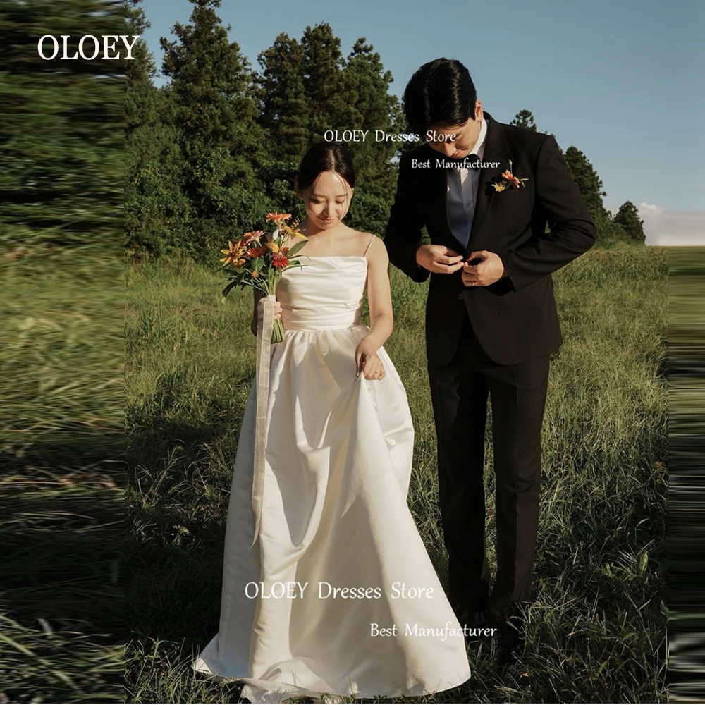 

OLOEY Simple A Line Korea Wedding Dresses Photo shoot Satin Spaghetti Straps Floor Length Bridal Gowns Plus Size Plain Mariage