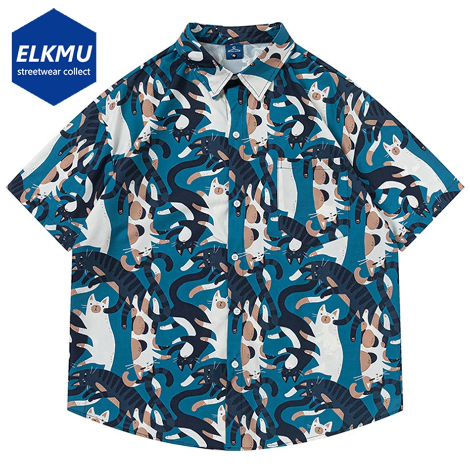 Camisas con estampado de gatos de dibujos animados para hombre, blusa holgada de manga corta con botones, Estilo Hawaiano, informal, 2024