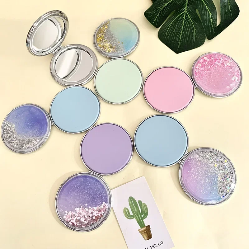 Double-Sided Folding Cosmetic Mirror Female Gifts With Flowing Sparkling Sand Mini Makeup Compact Pocket Mirrors
