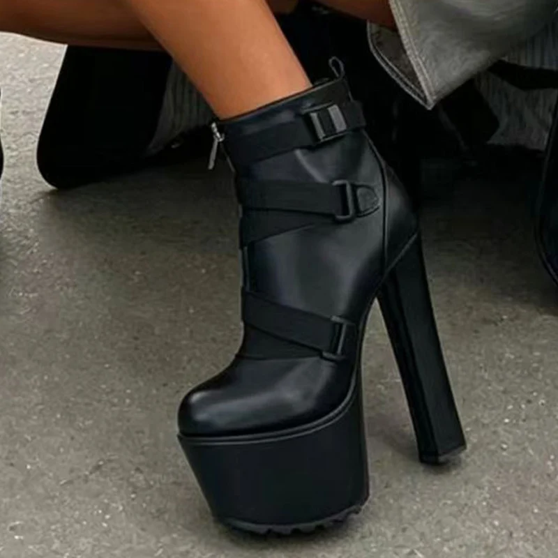 Botines de plataforma gruesa Liyke para mujer, estilo sexy urbano, con punta redonda, cremallera y correa, ideales para fiestas y graduaciones, color negro.