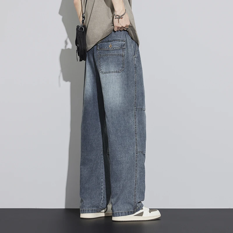 2026 New Japanese Style Textured Grid Men's Jeans Plus Size Loose Straight Vintage Washed Casual Daily Denim Pants