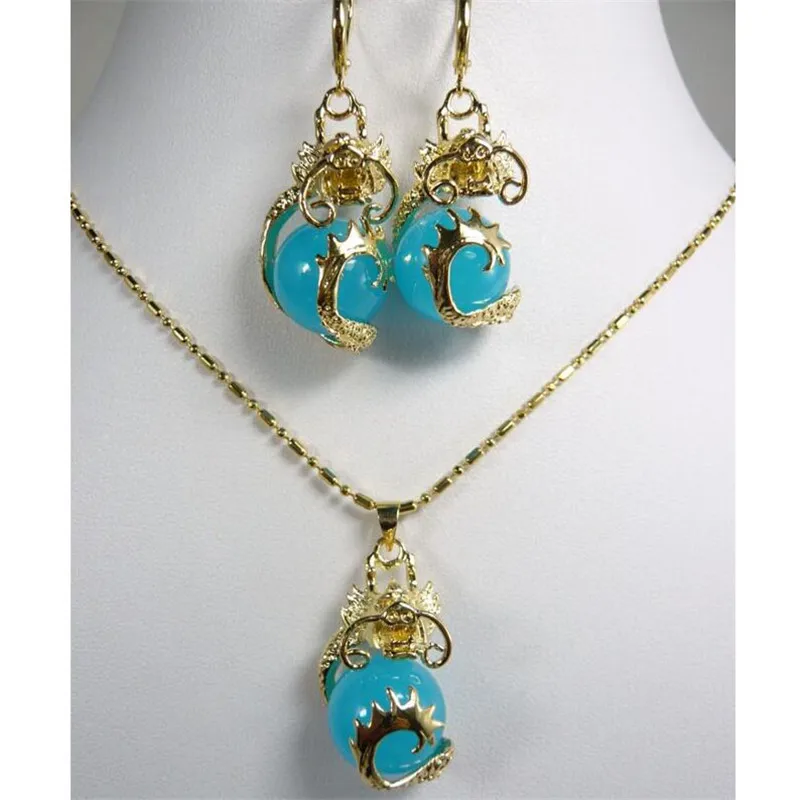 Vintage Natural Stone Pendant Necklace Earrings Jewelry Set Copper Alloy Chain Collar Women Fashion Wedding Party Jewellery Gift