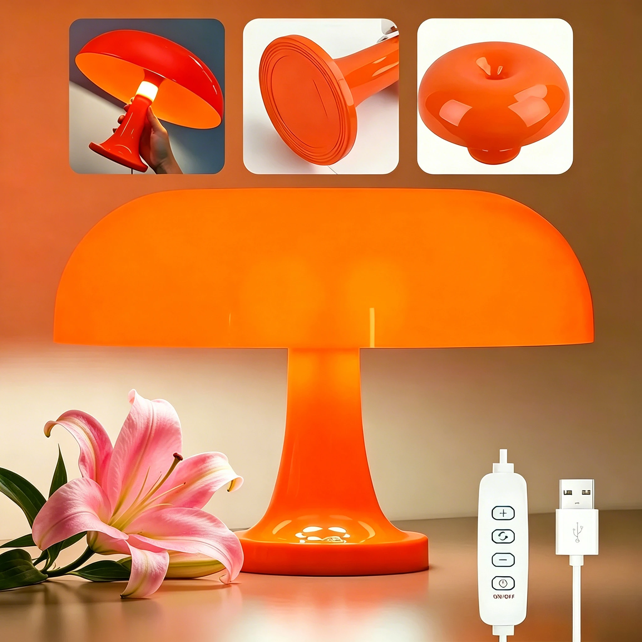 Luminária de Mesa em Forma de Cogumelo LED com 3 Cores Ajustáveis e Fonte de Alimentação USB é uma Decoração Ideal para Quartos, Mesas e Salas de Estar