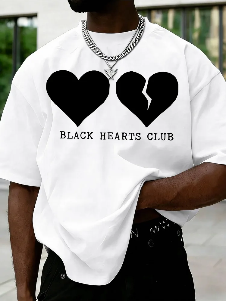 Mens Green Tee Black Hearts Broken Heart Graphic Crew Neck Loose Street Tops For Young Male Summer Daily Casual Outdoor Outfit