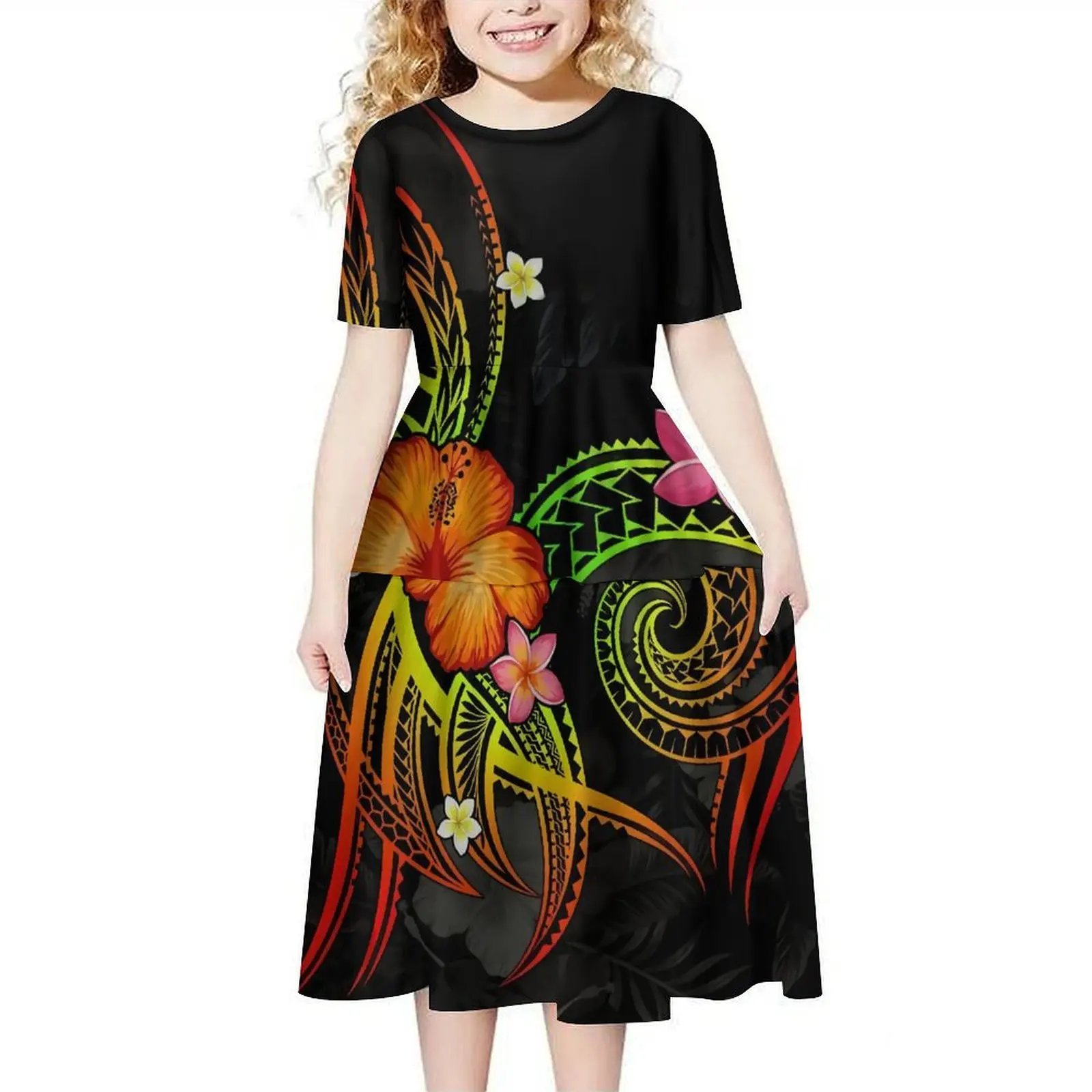 Polynesian Print Summer Casual Crew Neck Fluffy Long Skirt Girls Dress Custom Samoa Party Children'S Dress 2024 New