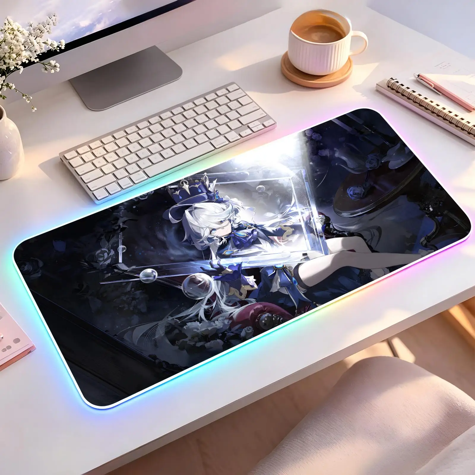 Large RGB backlit esports gaming mouse pad, smooth soft cloth surface, Genshin Impact Furina LED luminous extended desk mat