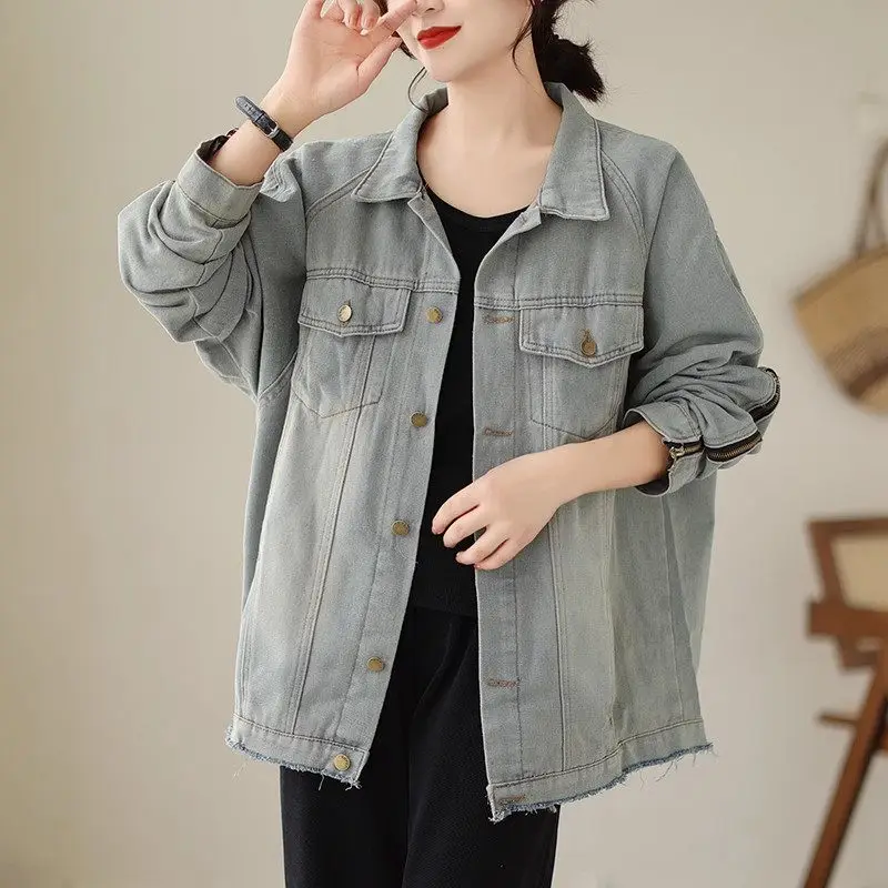

Denim Jacket For Women's Spring Autumn Large Size Design Zipper Long Sleeve Loose Vintage Casual Jeans Jaqueta Short Top Z2844