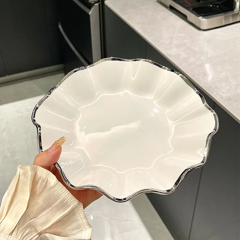 LH Ceramic Plate Household Vegetable Plate White Silver Edge Dumpling Plate